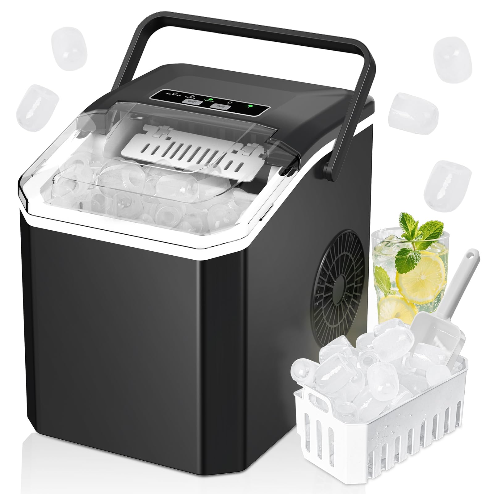 Machine à Glaçon, 9 Glaçons en 6-8 Minutes, 2 Tailles de Glaçons,14kg en 24h, Machine a Glace Autonettoyante avec Pelle à Glaçons pour Maison/Cuisine/Camping (Noir) - 2