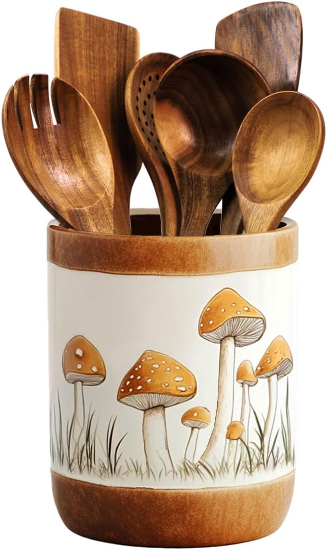 Brown Ceramic Mushroom Pattern Kitchen Utensil Holder, Large Cooking Utensil Crocks for Kitchen Countertop, Ceramic Utensil Organizer