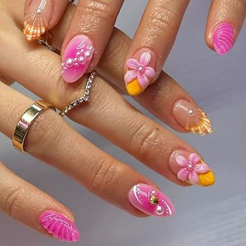 24Pcs Pink Flower Press on Nails Short Almond Fake Nails with 3D Pearl Flower Designs Stick on Nails Gold Shell Charms False Nails Orange French Acrylic Nails Glue on Nail for Women Nail Supplies