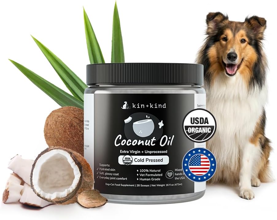 kin+kind Organic Coconut Oil Pet Supplement for Dogs and Cats - Cold Pressed Extra Virgin Coconut Oil - Itchy Skin, Dry Cracked Noses & Dry Skin Treatment - Made in USA - 16 fl oz (Large)