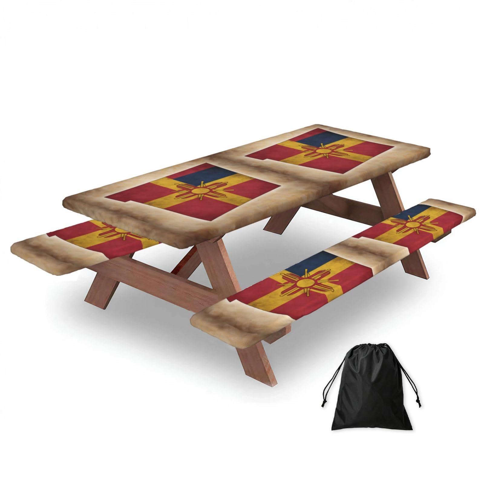 Duwaa Black New Mexico Simple Flag Map Print 183Cm Picnic Table Cover With Bench Covers, Waterproof Elastic Tablecloth Set For Outdoor