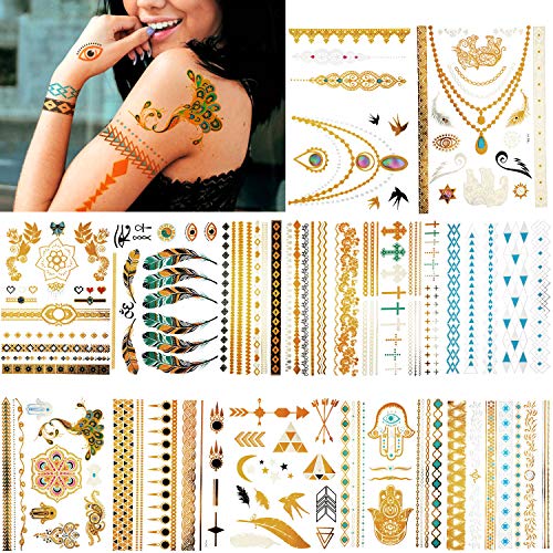 195 Pieces Metallic Temporary Tattoos Waterproof Glitter Tattoos Golden Tattoo Stickers Jewelry Tattoos for Women Girls