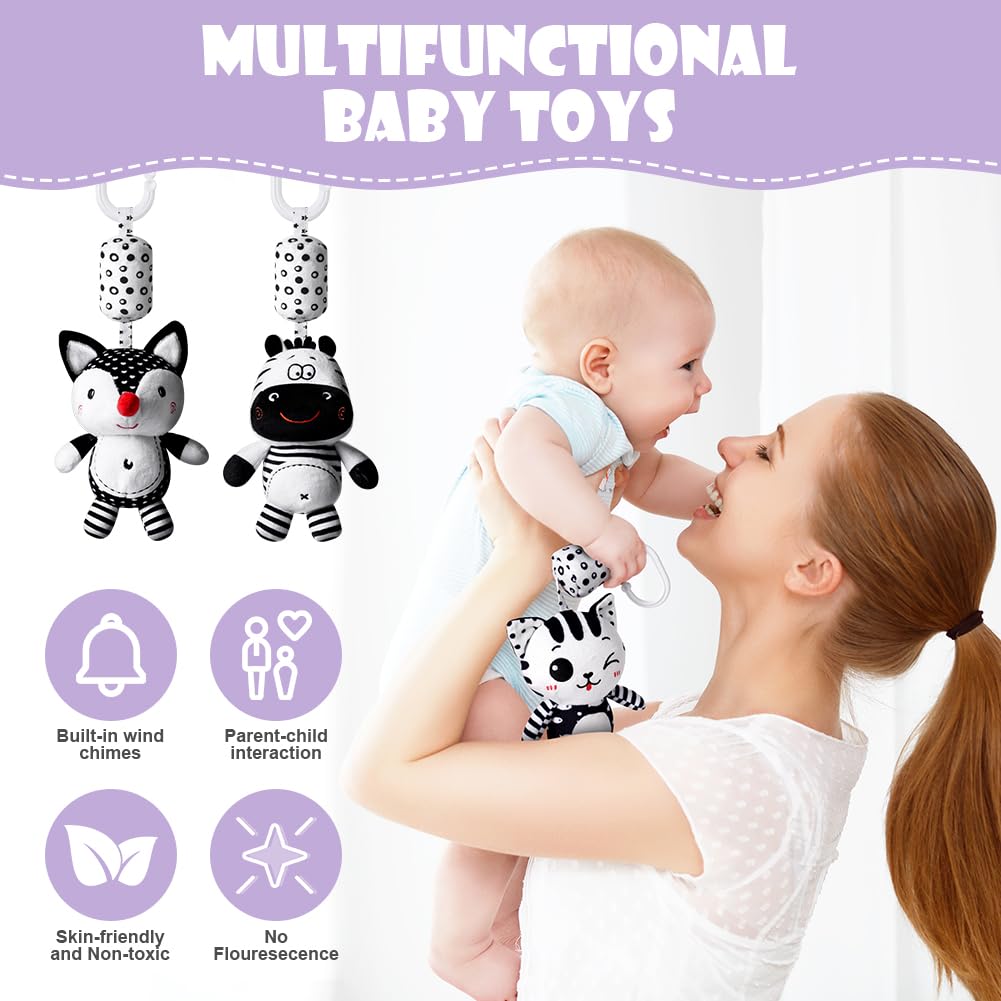 Aolso Jouets De Poussette Bébé 3 Pièces – Hochets Noir Et Blanc Contrastés, Sensoriels Et Éveillants Dès La Naissance, Idéal Pour Nouveau-né Fille Ou Garçon