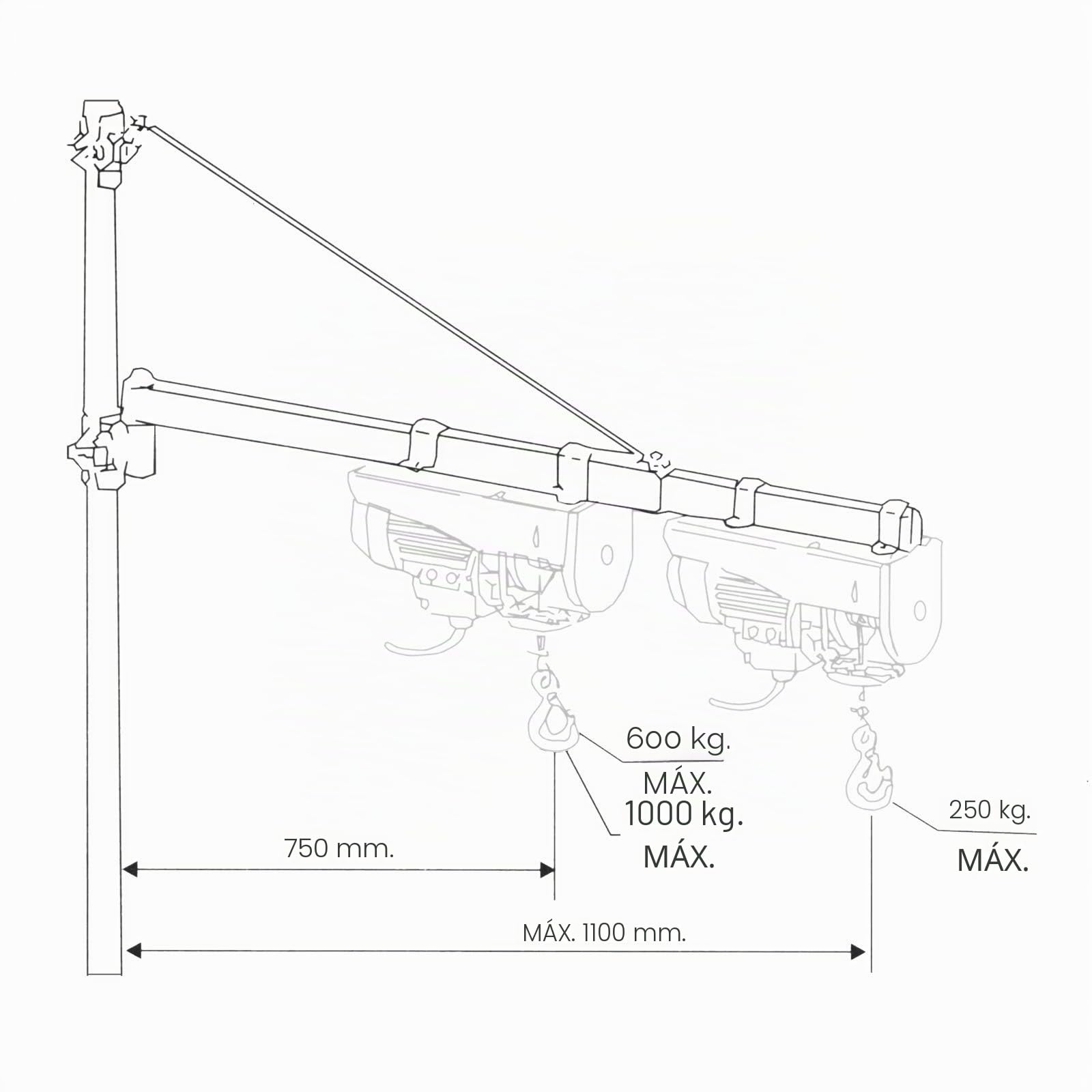 Wiltec Brazo giratorio para luz de carga hasta 600 kg soporte para foco de trabajo con alcance de 110 cm brazo orientable para iluminar rampas de carga