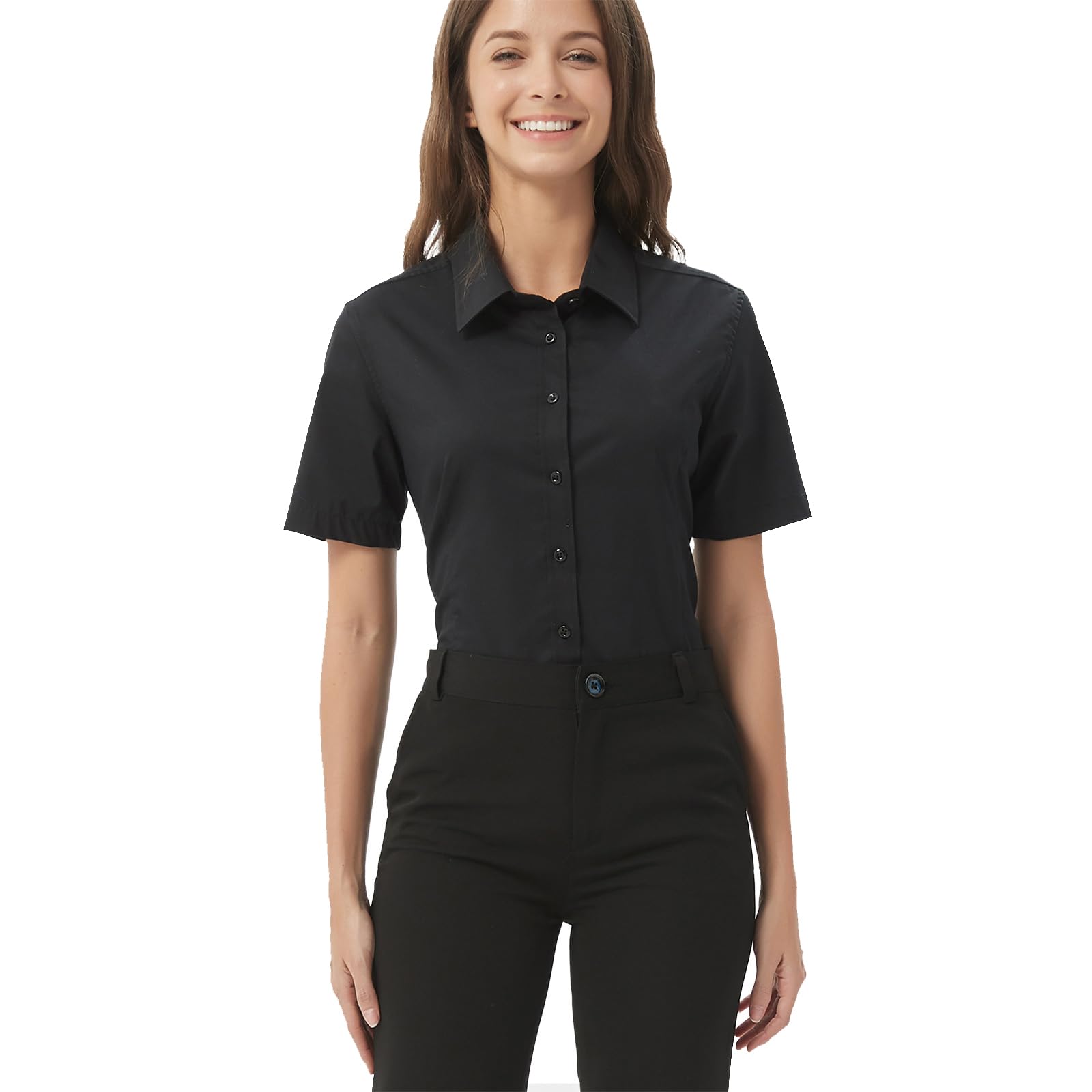 DIYUS Women's Slim-Fit Button Down Shirts Stretchy Cotton Long Sleeve Work Blouse