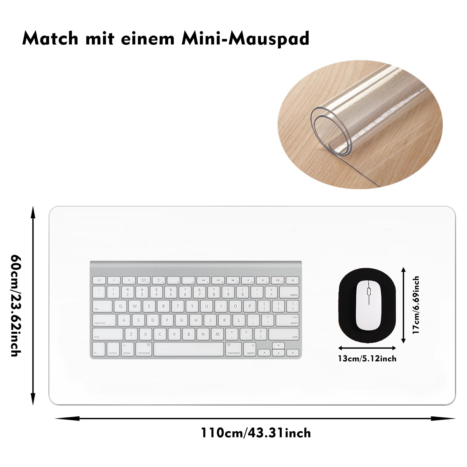 Protège-bureau transparent, 110 x 60 cm, PVC transparent, bord arrondi antidérapant, protecteur de table imperméable, tapis de bureau pour bureau, maison, école