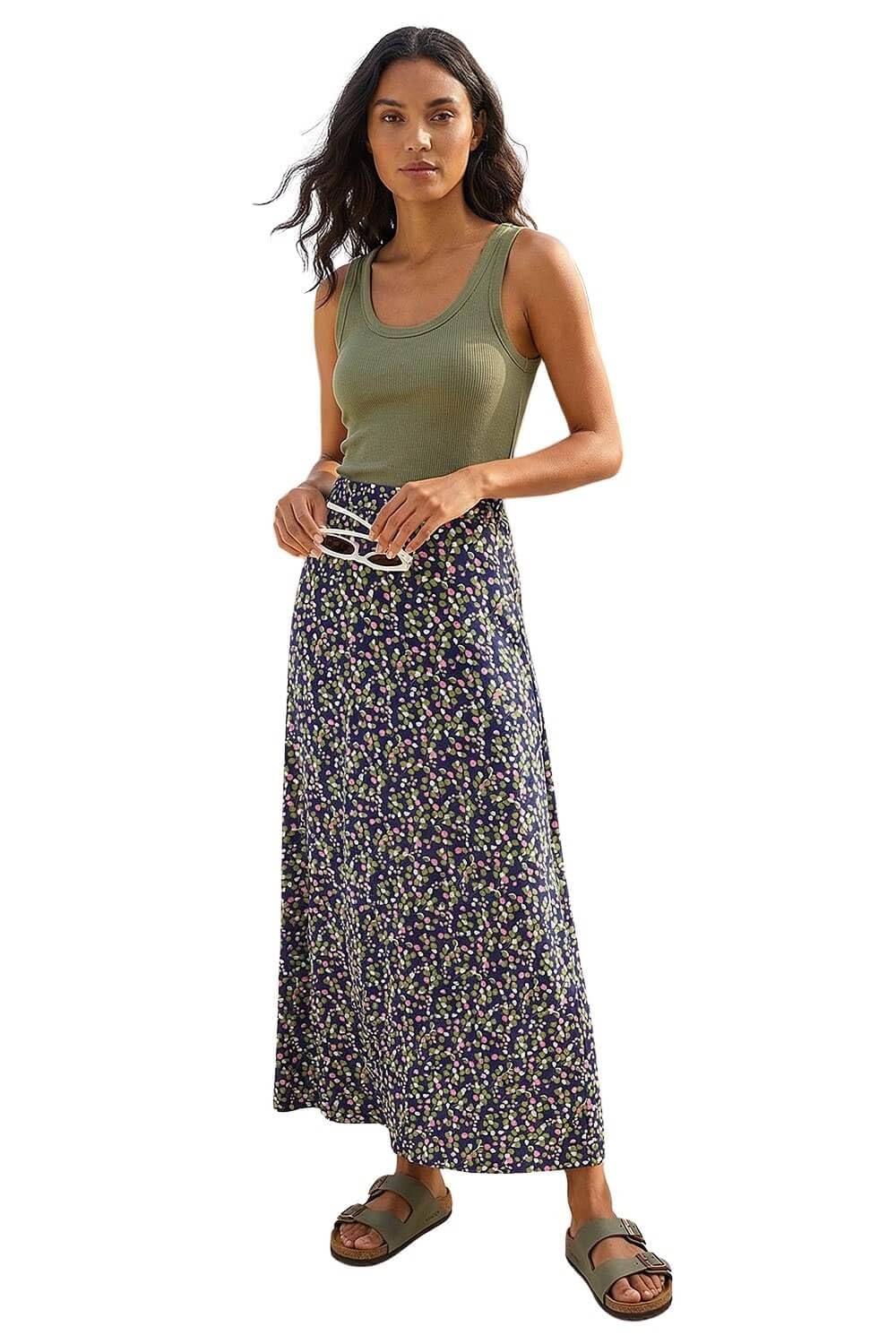 Roman Women's Leaf Print Stretch Midi Skirt in Navy | Size: 14