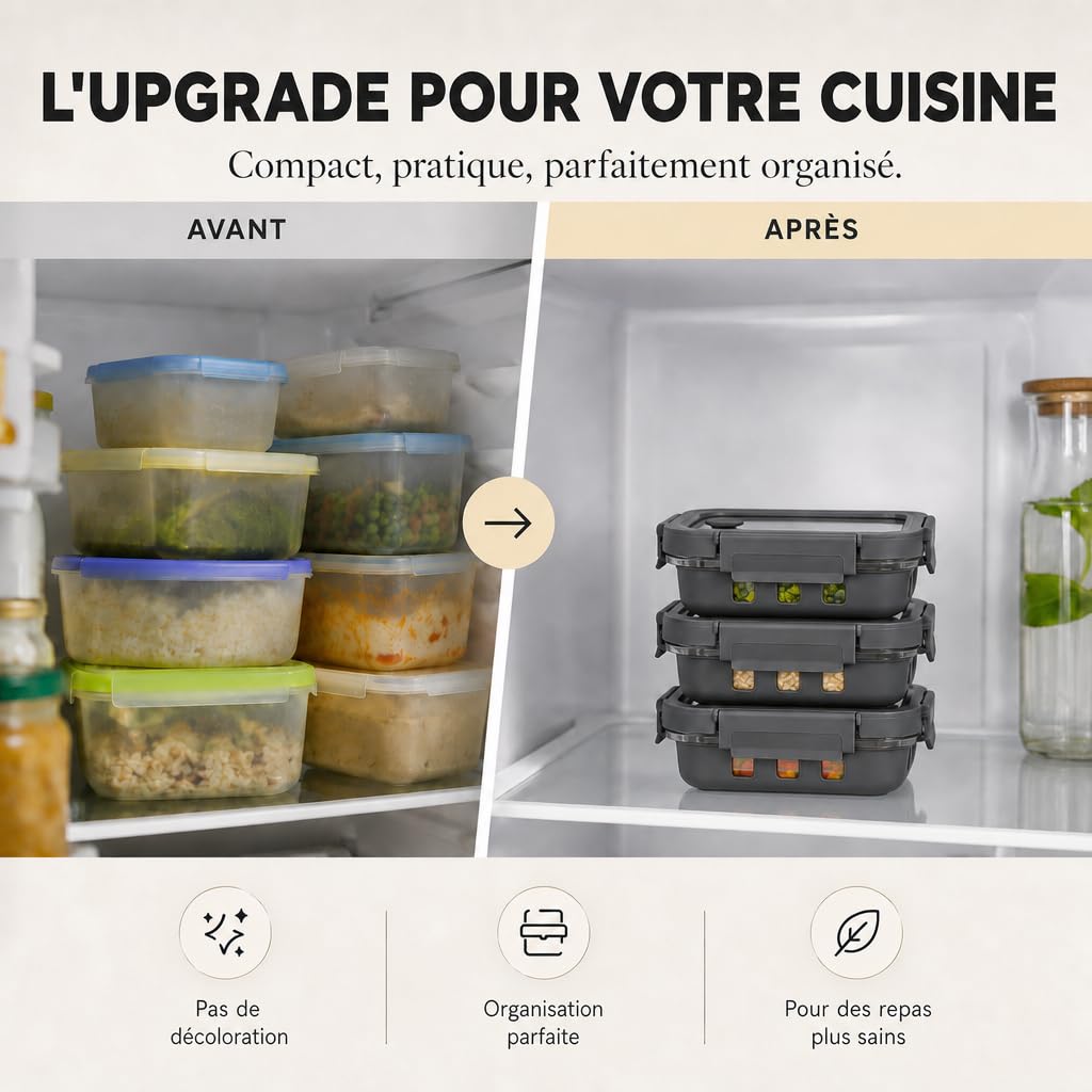 Meal Prep Boîtes Set 3x640ml – Verre borosilicate, hermétique, empilable, micro-ondes avec valve vapeur, coque silicone anti-choc
