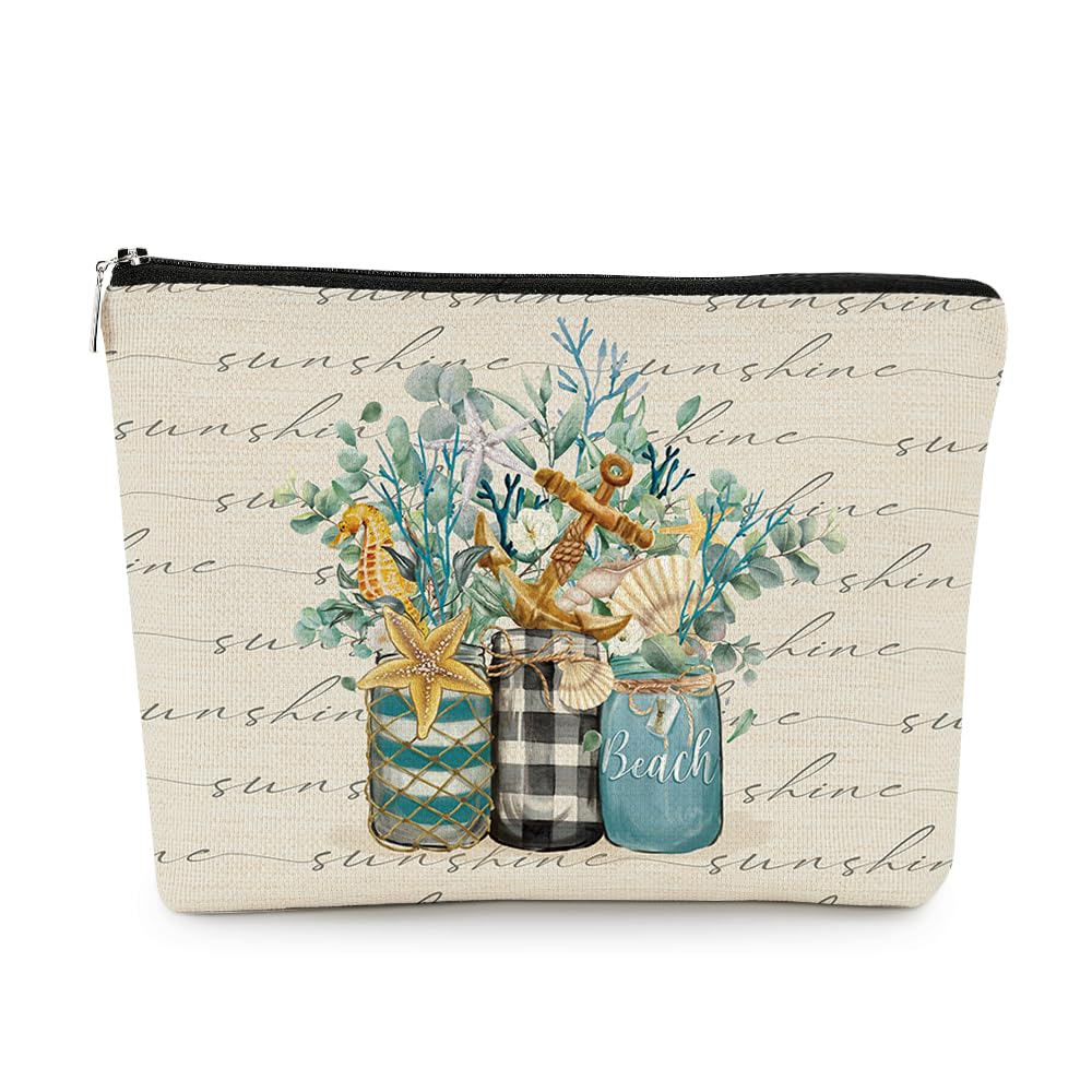 EXUQO Summer Sunshine Beach Makeup Bag,Blue Vase Floral Small Cosmetic Bag for Women,Summer Gifts Zipper Pouch Bag for Mother Sister Friend Girlfriend,Birthday Gift