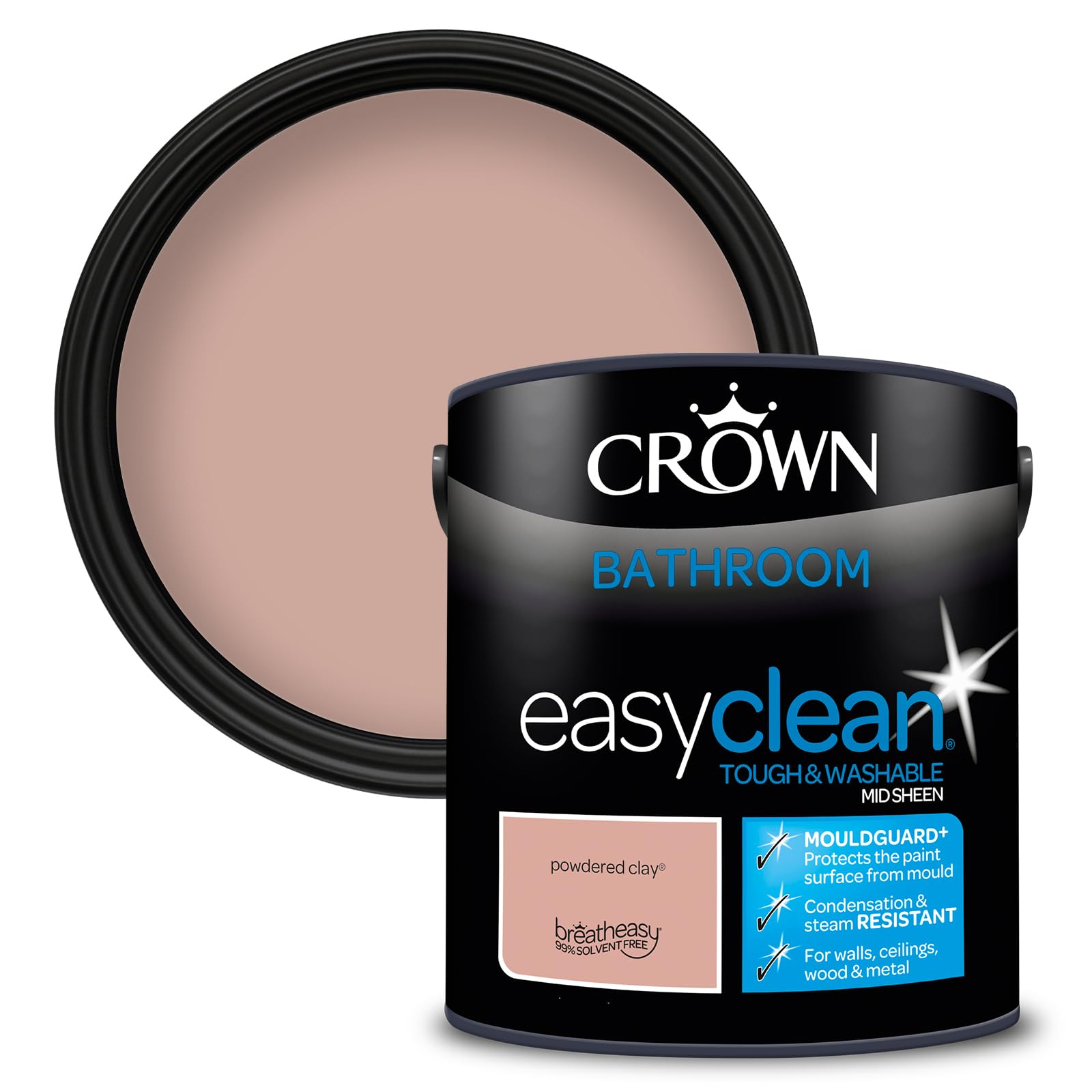 Crown Powdered Clay - Bathroom Paint, Mid Sheen Emulsion - Washable, Mould and Condensation Resistant - Blush Pink Paint - Bathroom and En Suite - Water Based, Low Odour Paint - 2.5L