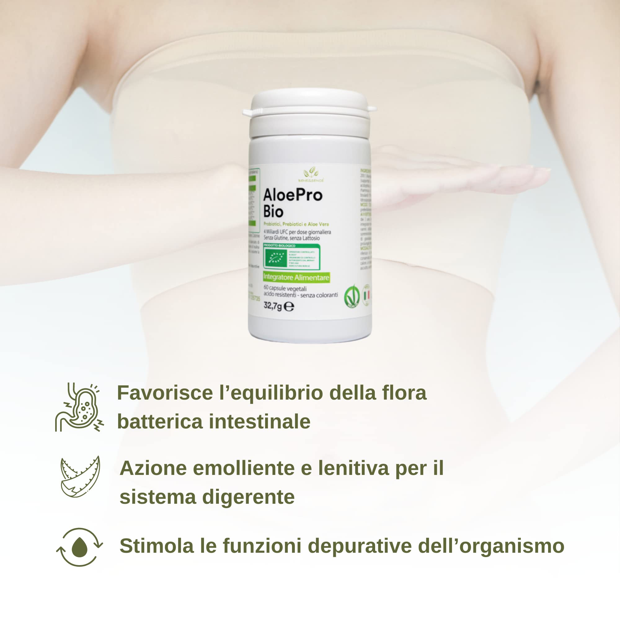 Benessence - AloePro bio con Aloe Vera Bio, Probiotici e Prebiotici – Prodotto Biologico - 4 MLD UFC con Aloe Vera - 60 capsule vegetali