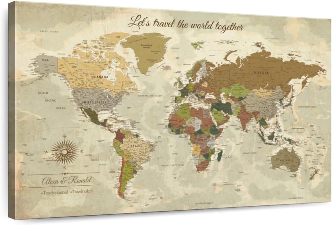ElephantStock - Personalized Travel Together I Push Pin World Map Wall Art - Horizontal Canvas Wall Art - Living Room Wall Decor - Digital Art Map Canvas Art - Brown And Yellow Decor - 24" x 16"