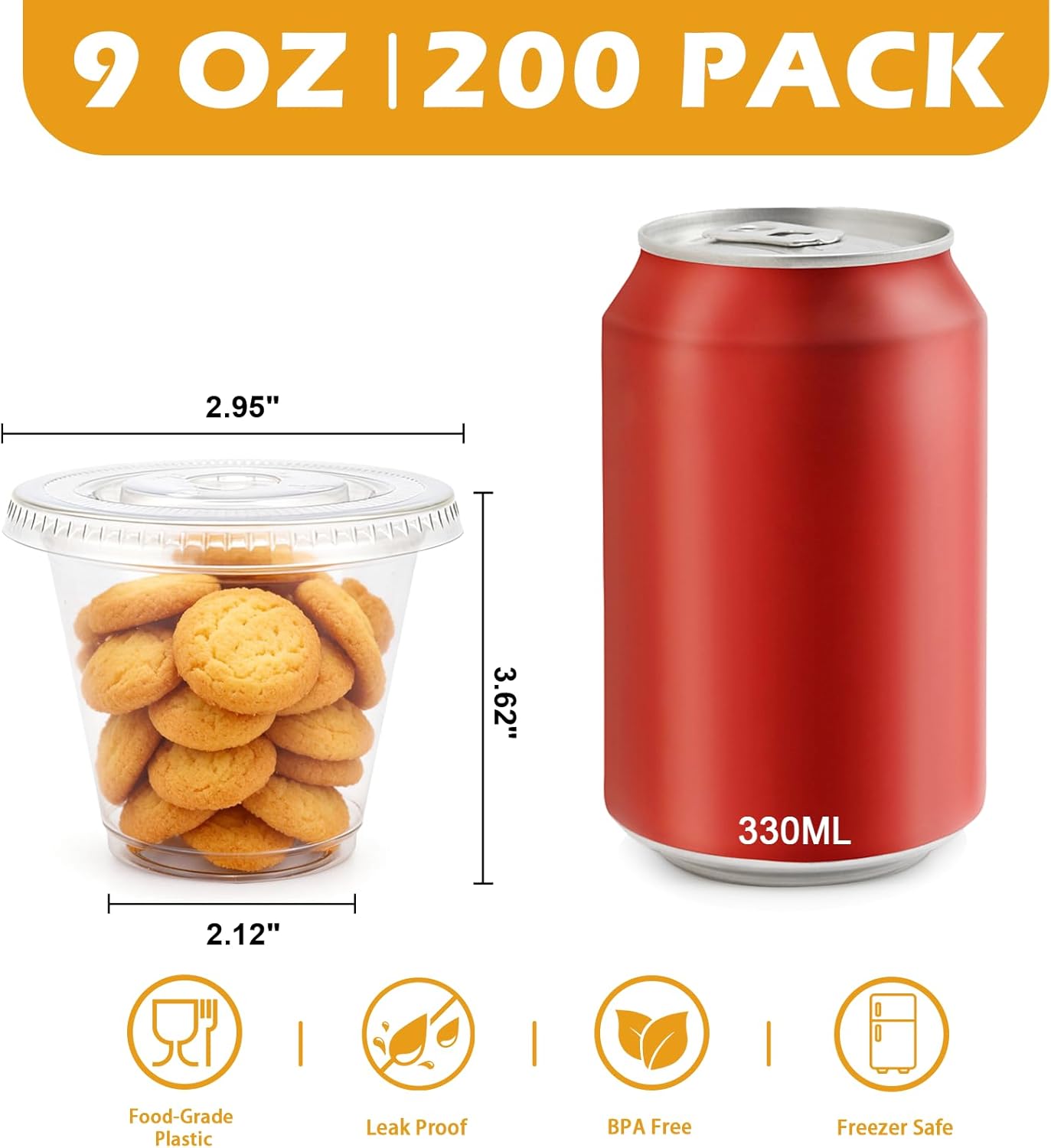 Lamosi 200 Pack 9 oz Clear Plastic Cups with Lids, Clear Disposable Cups with Flat Lids No Hole for Fruit, Snack, Pudding, Cold To Go Drinks or Milkshake