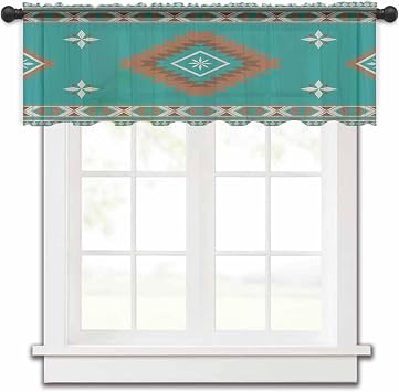 Teal Brown Boho Sheer Valance, 54"x18" Light Filtering Kitchen Curtain Valances, Abstract Aztec Tribe Ethnic Geometric Chiffon Rod Pocket Living Room/Bedroom/Cafe Curtains