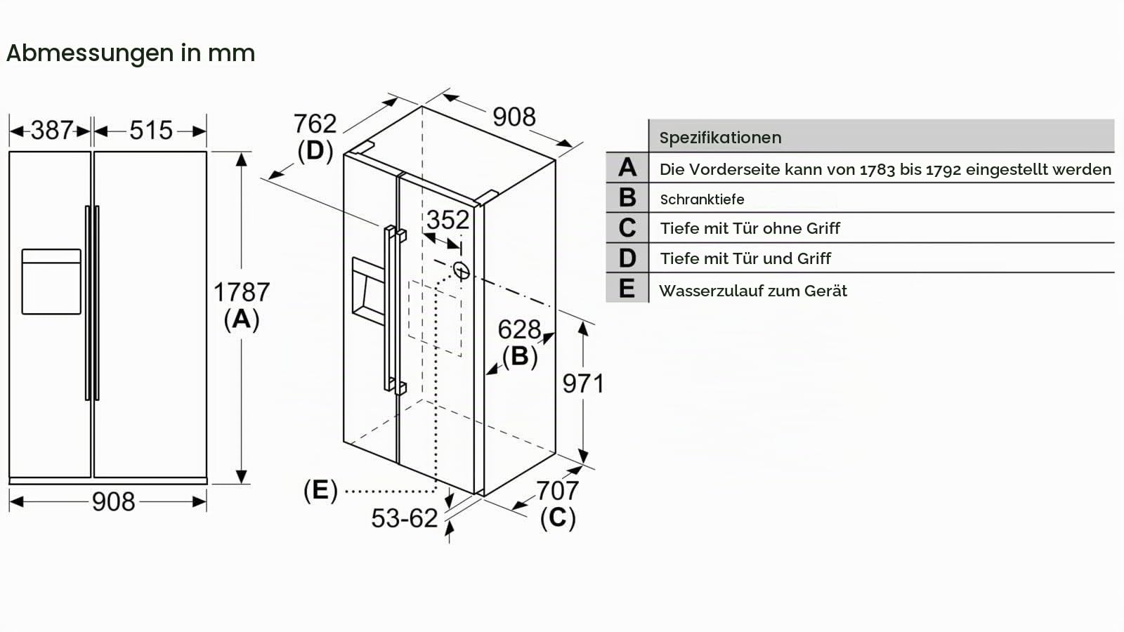 Bosch KAD93AIEP Serie 6 Amerikanischer Side-by-Side Kühlschrank, 178,7 x 90,8 cm, 368L Kühlen + 165L Gefrieren, NoFrost nie wieder abtauen, LED-Beleuchtung gleichmäßige Ausleuchtung