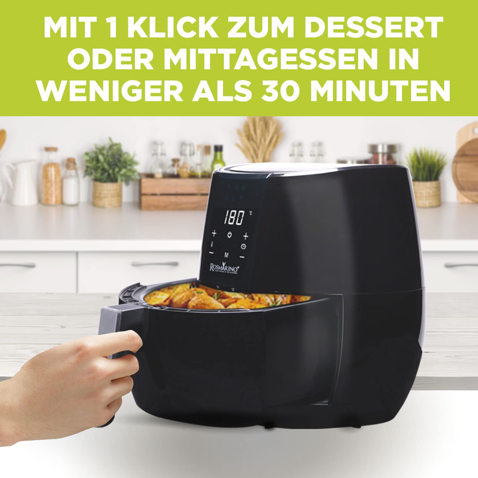 ROSMARINO Frytkownica beztłuszczowa, 3,5 l, XL, Air Fryer z cyfrowym ekranem dotykowym LED, 9 programów, podgrzewanie wstępne i utrzymywanie ciepła, tryb shake, 100 przepisów po niemiecku, 1500 W