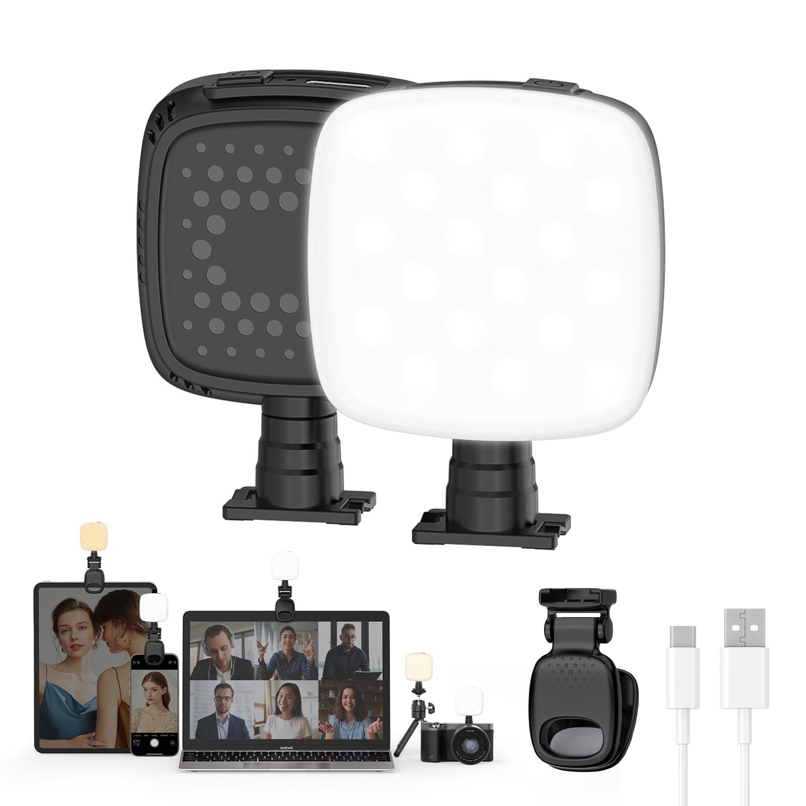 Smiling Shark Mini Cell Phone Light, Portable Video Light with Clip Rechargeable CRI 90+ 9 Lights Modes 360° Rotatable Cold Shoe Mount Camera Fill Light for Video Live Camera Laptop Phone