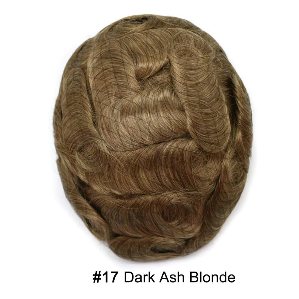 Toupee for Men Hair System Full Poly Mens Toupee Injected PU Mens Hairpieces Soft European Human Hair Units Durable Mens Hair Piece Medium Density7X9"-120% Density-#17 Dark Ash Blonde