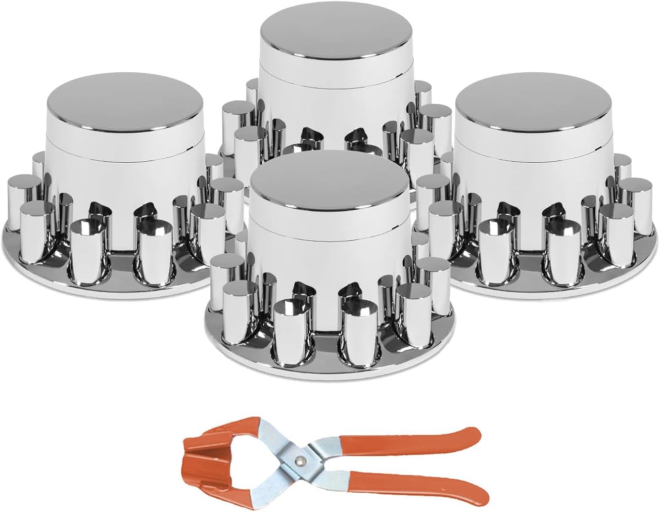 Rear 4 Chrome Flat Top Axle Wheel Cover Combo Kit ABS Plastic Removable Wheel Hub Caps with 33mm Thread-On Cylinder Lug Nut Covers for Semi Trucks (Rear 4)