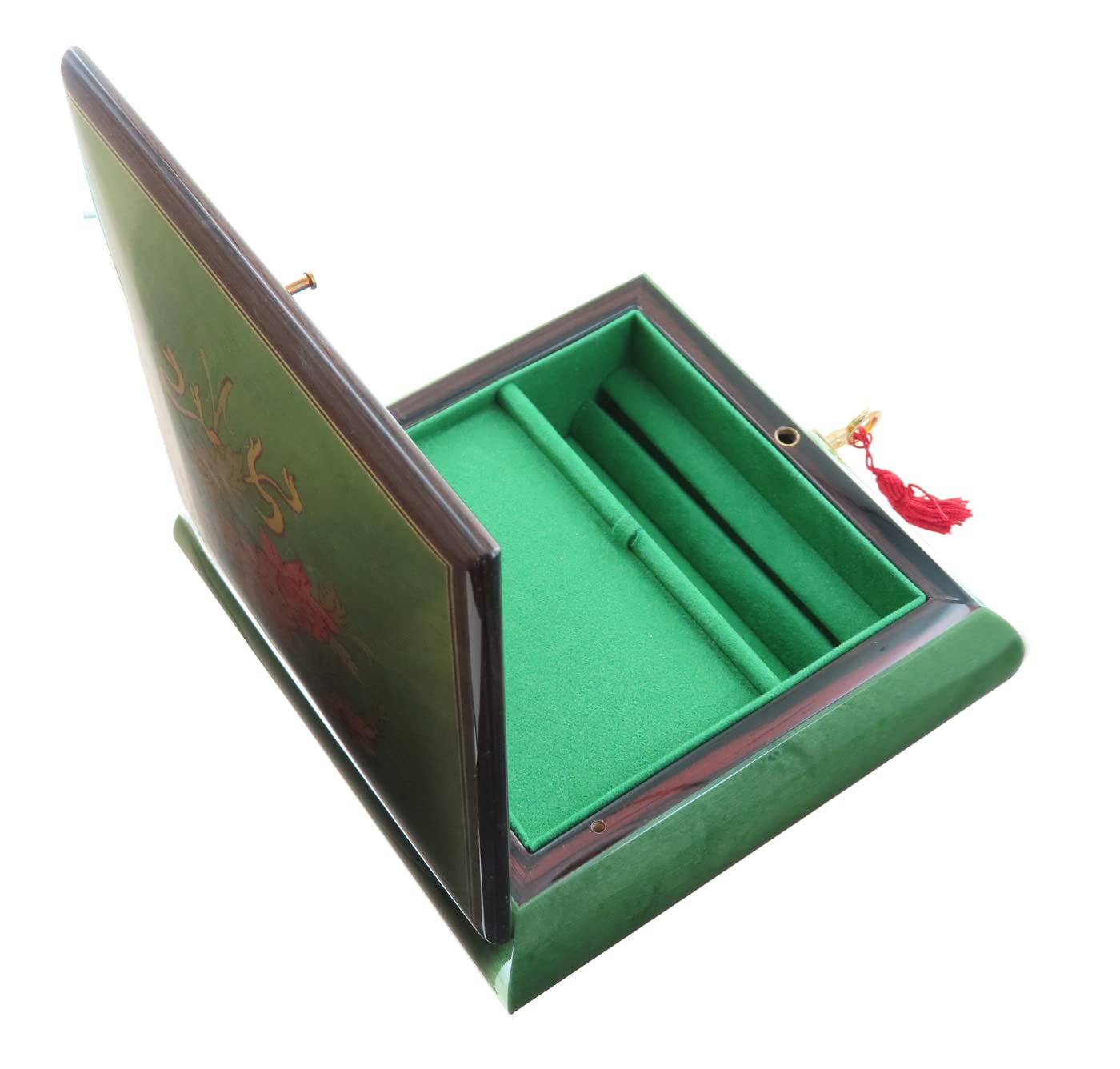 Caja de música para joyas / joyero musical de madera teñida verde claro con marquetería ángel y mecanismo musical de resorte de 18 notas - La vie en rose - La vida en rosa (Louiguy / Edith Piaf)