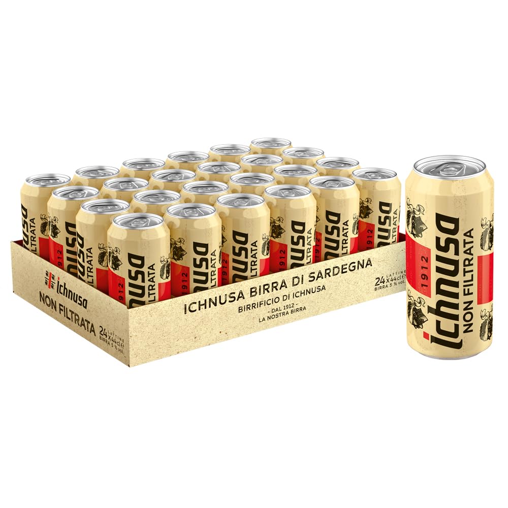 Birra Ichnusa Non Filtrata, Cassa con 24 Lattine 24 da 44cl, Birra Lager Non Filtrata a Bassa Fermentazione, Gusto Morbido, Corposa ed Equilibrata, Gradazione 5,0% Vol
