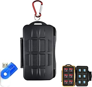 Memory Card Case, LXH Portable Holder SD SDHC SDXC CF MSD TF Micro SD Card Durable Waterproof Anti-shock Storage Protector Box Computer Phone Camera Card Cartridge Water-proof and Anti-dust Keeper With Carabiner & Card Reader For 12 SD & 12 TF/ MSD / Micro SD ( 24 Slots )