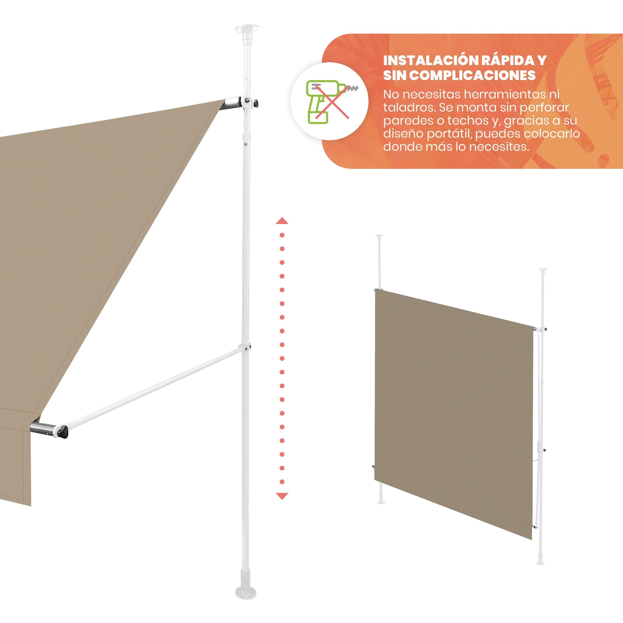 Wasabi - Toldo Retráctil Exterior 300x120cm Cityline - Altura Ajustable - Montaje Suelo y Pared sin Taladrar - Lona Beige Protección UV - Inclinación Regulable - Jardín Balcón - Estructura Blanca