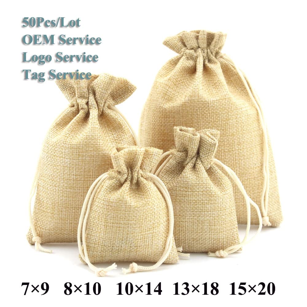 Borse Regalo e Sacchetti 50 pz/Lotto Multi Color Natural Burlap Wedding Samples Samples Gem Pietra Minerale Caramella Biscotti Biscotti Bustina di Juta Coulisse Borse Dimensioni Varie