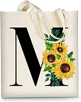 AUSVKAI Cute Sunflower Monogram Canvas Tote Bag for Women - Personalized Reusable Cotton Grocery Shopping Beach Bag