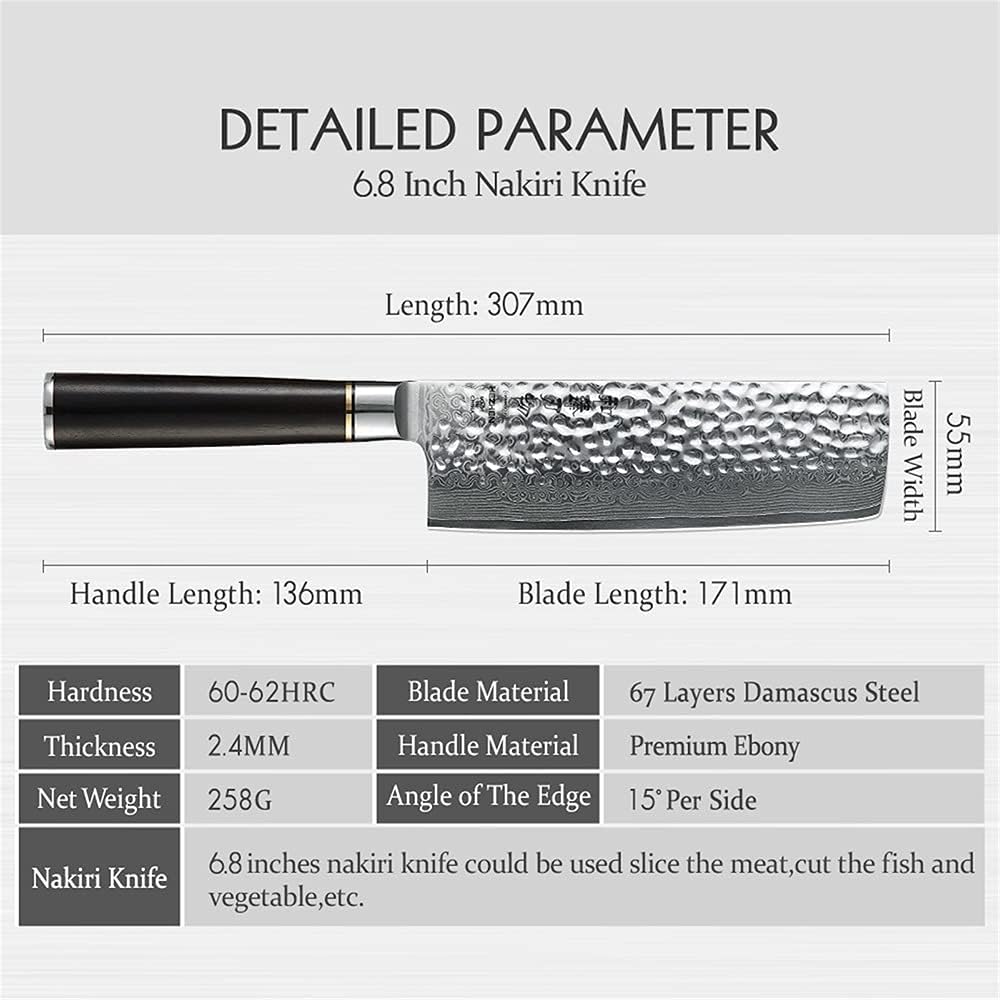 Meat Cleaver Knife, Kitchen Knife 6.8'' Nakiri Knife Japanese VG10 Damascus Steel Butcher Meat Cleaver Vegetable Knives Cooking Cutter Ebony Handle