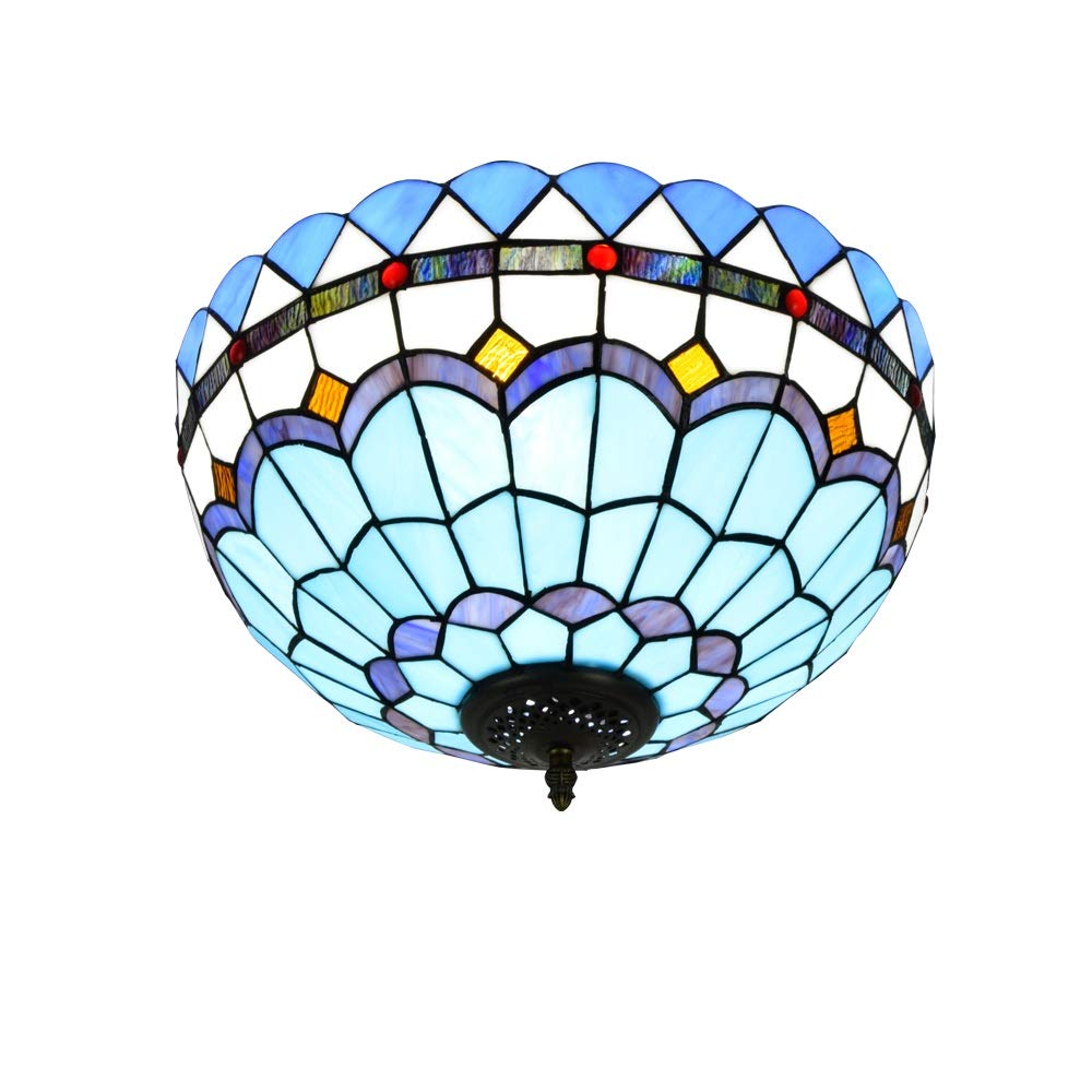 HPTHLY Stained Glass Ceiling Lighting 40Cm Tiffany Style Stained Galss Ceiling Lamp Mediterranean Glass Fixture Indoor Ceiling Lamps And Lanterns For Bed Aisle Balcony