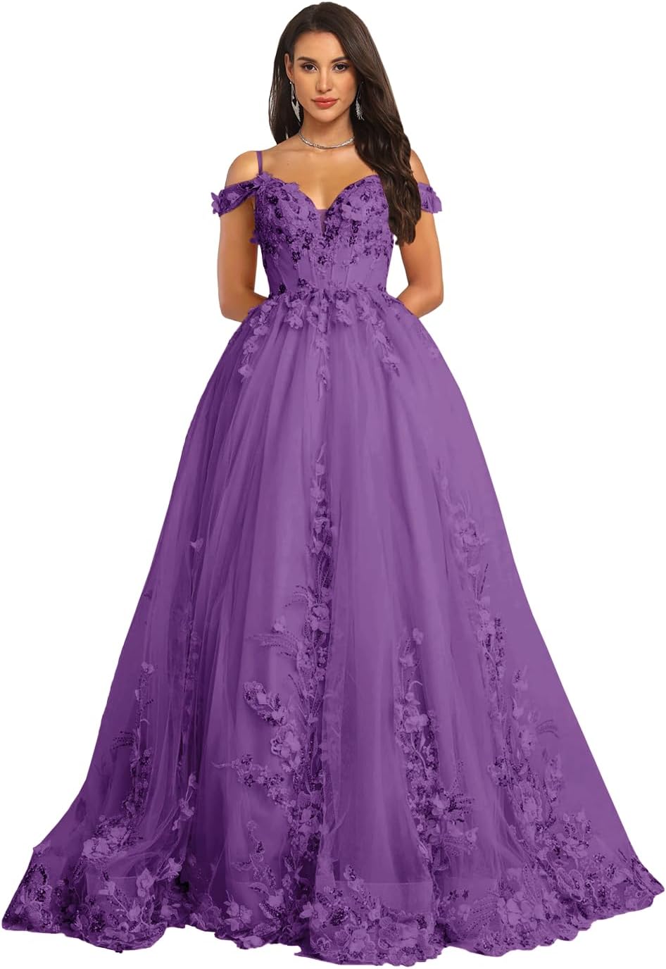 3D Flowers Tulle Prom Dresses for Women 2026 Lace Applique Cold Shoulder Blue Ball Gown Formal Dress