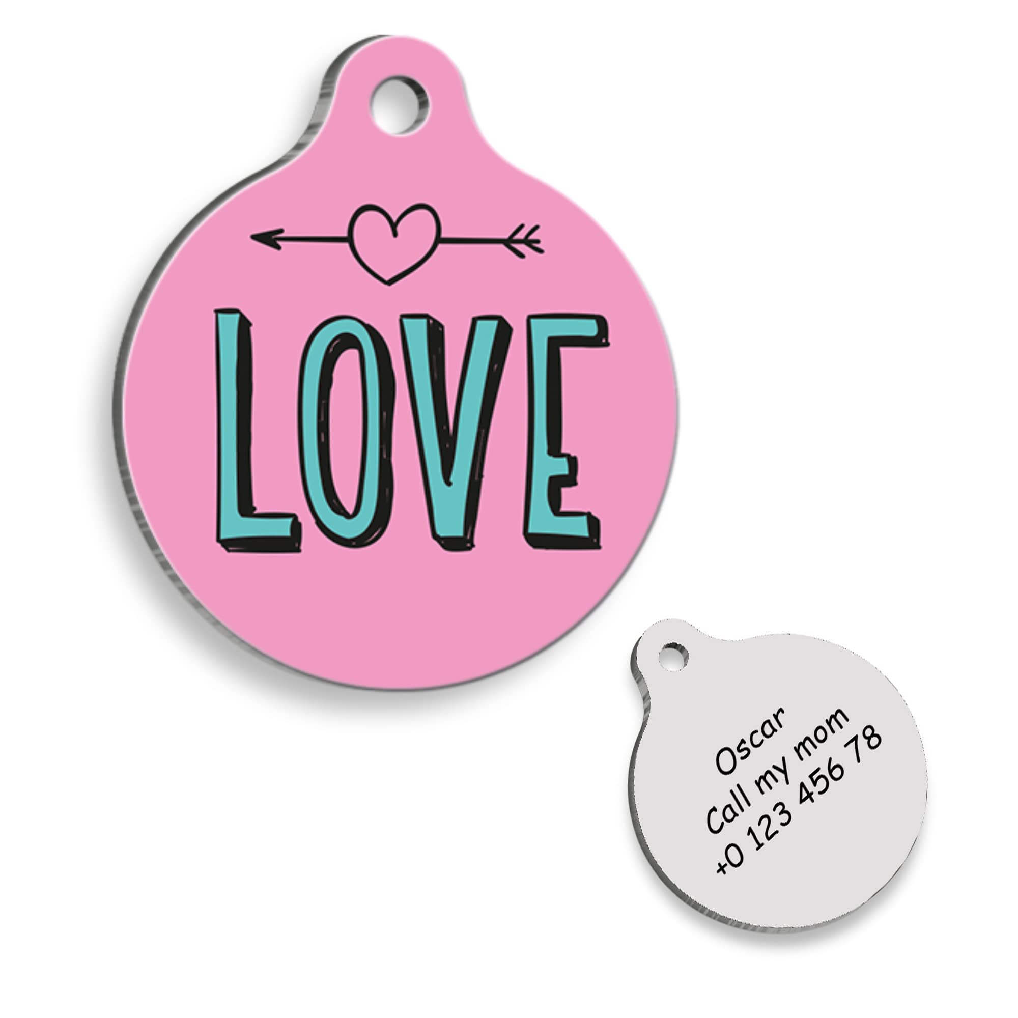 Pink Love - Personalized Custom Pet Tags for Dogs and Cats - Dog Tag - Cat Tag - ID Tag Dog & Cat - Customized Engraved Pet Tag - Custom Name Tag