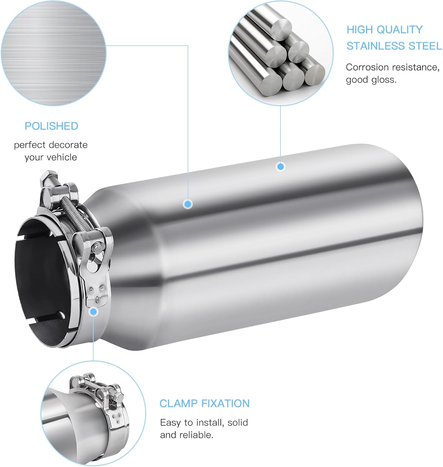 2.5 to 4 Inch Exhaust Tip 2.5"Inlet to 4"Outlet Exhaust Tips 12" Length Muffler Tip 304 Stainless Steel Tailpipe Diesel Exhaust Tip Double Wall Polished Slant Cut Clamp On (Sliver)