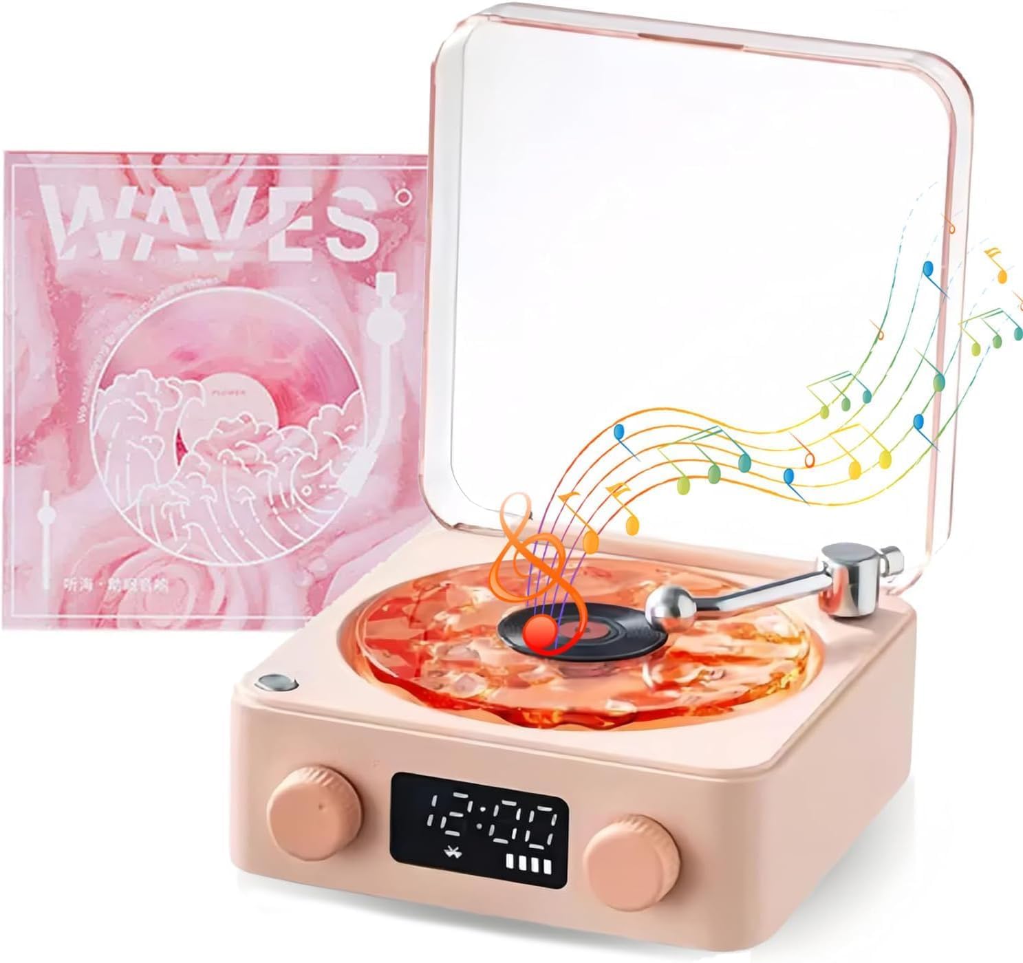 Waves Bluetooth Vintage Record Player, Portable Speaker with Four Modes, Adjustable Lights, Sea White Noise for Bedroom, Party, Pinkish