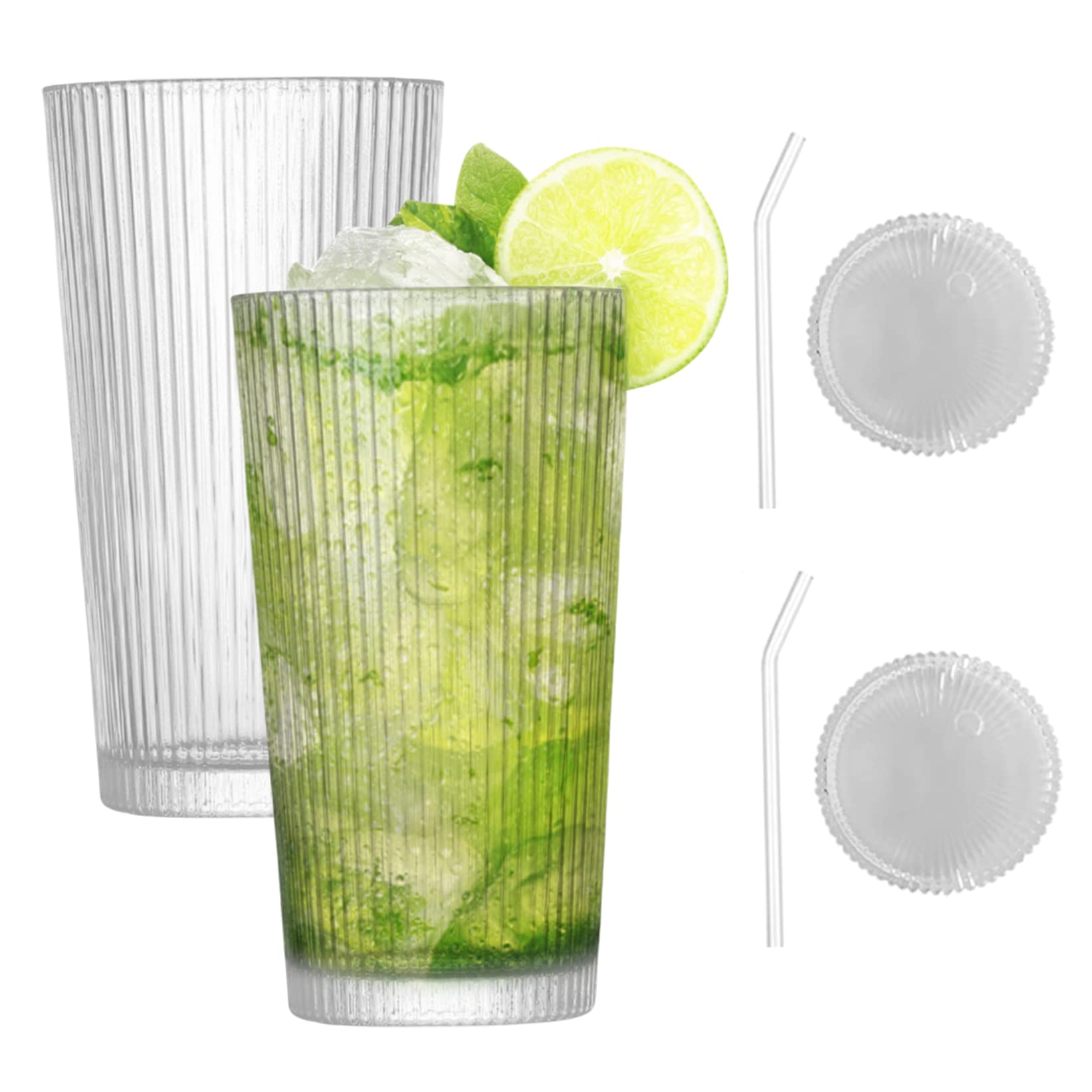 Yililay 2Pcs Glass Cups with Lids and Straws Ribbed Vertical Striped Glass Coffee Mug with Straw and Lid Iced Coffee Mug 375ML