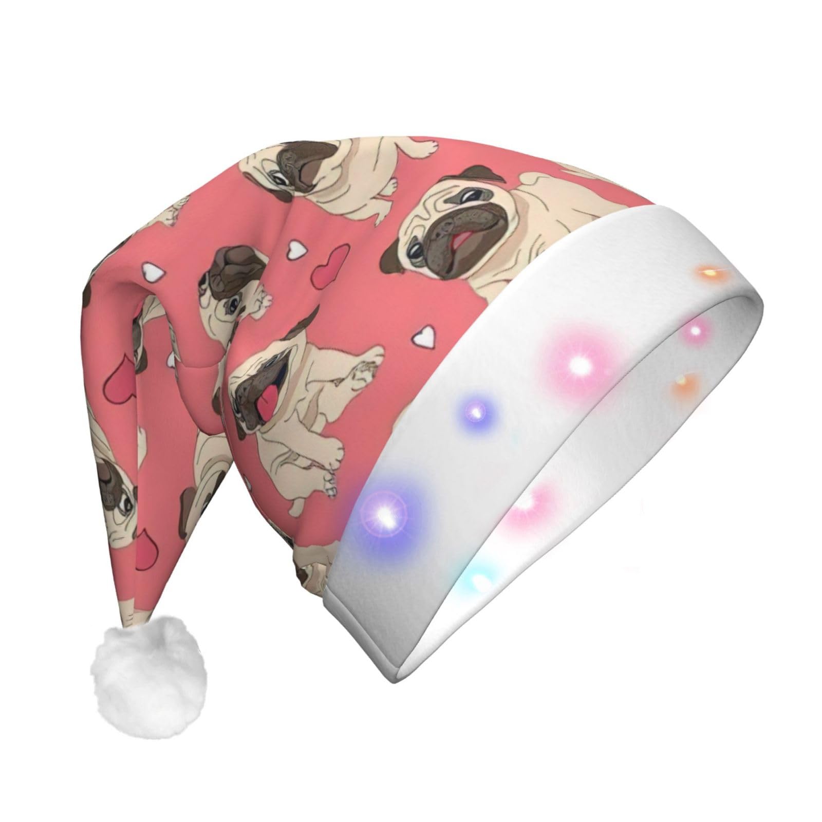 BREAUX Funny Cartoon Pug Puppy Dog print Santa Hats Adult, Flannel Christmas Hat with LED Lights, Santa Hats for Holiday Parties