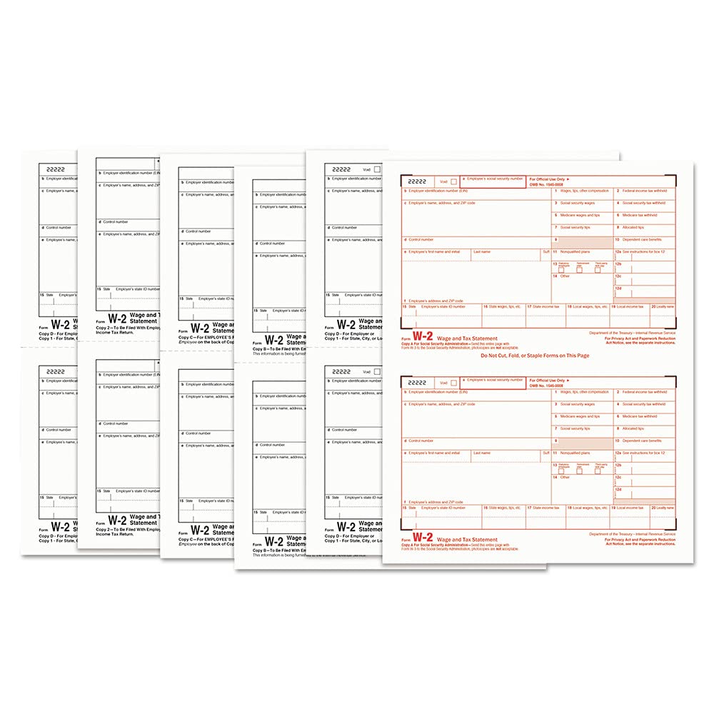 TOPS 22991 W-2 Tax Forms, 6-Part, 5 1/2 X 8 1/2, Inkjet/laser, 50 W-2s & 1 W-3