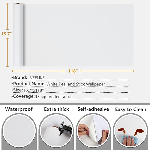Miniatura 10 de VEELIKE Papel tapiz blanco grueso para despegar y pegar, papel adhesivo blanco para paredes de dormitorio, armarios de cocina, encimeras,
