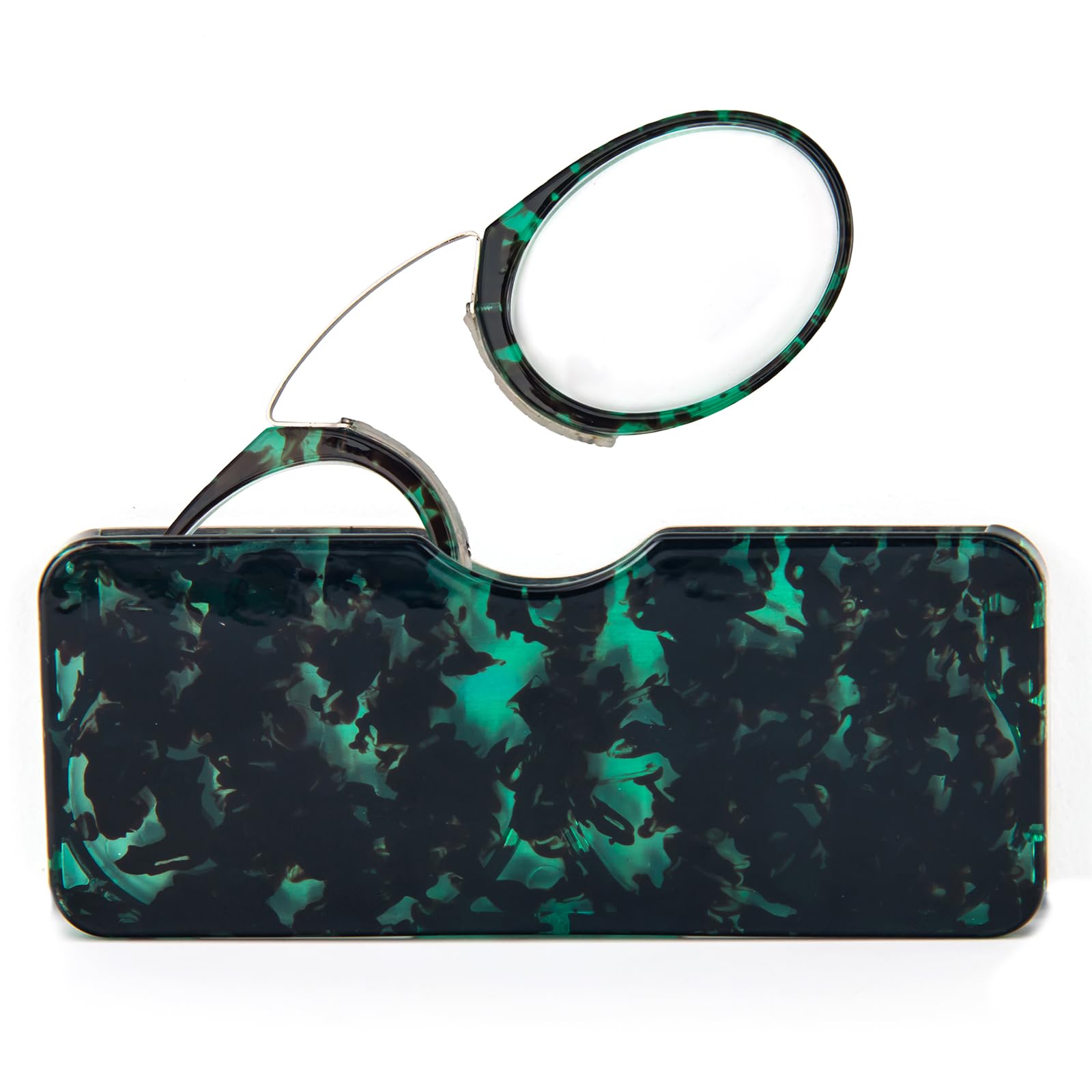 KoKoBin Unisex Lesegläser Kompakte Sehehilfe Mini Nose Clip Bügellose Lesebrille Rutschfest Lesehilfe- Immer griffbereit(Grün Leopard +1.5)
