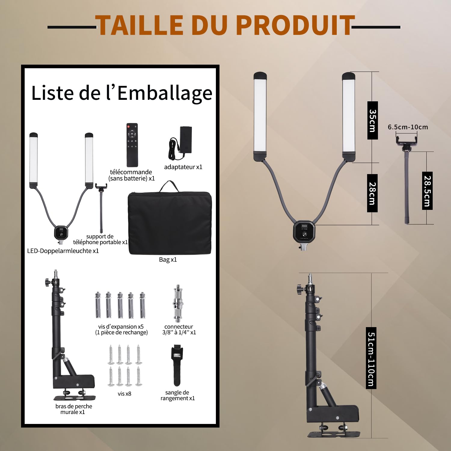 50W Lumière Dimmable LED A Double Bras avec Bras de Perche Support Mural Triangle 110cm Kit d'Eclairage Photographique pour Maquillage, En Direct,Lampe de Tatouage,Vidéo de Studio,Cils,Beauté