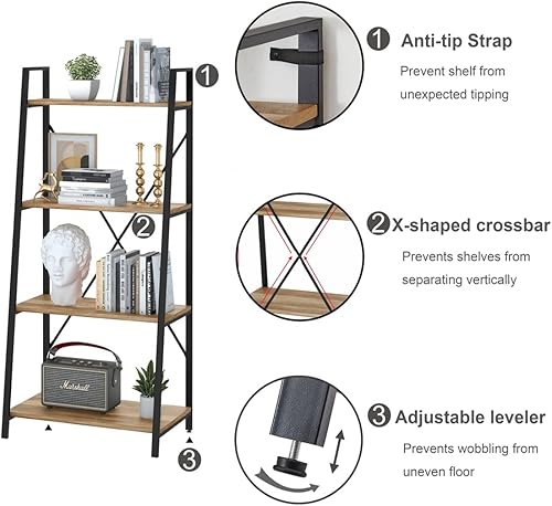 Miniatura 22 de BON AUGURE Estantería de escalera de 4 niveles, estantes inclinados de madera para sala de estar, dormitorio, estantería de oficina en casa (roble