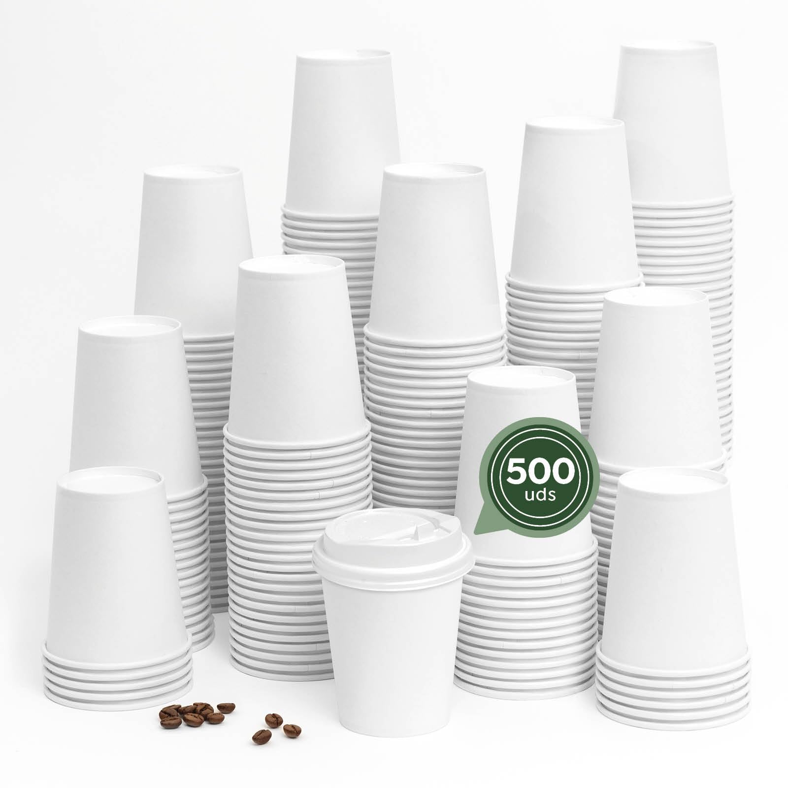 500 Vasos Cartón Blanco + Tapa Blanca - 250 cc (8 oz) - Vasos Desechables para Café para Llevar - Reciclables - Apto Alimentos Calientes - TAKE AWAY