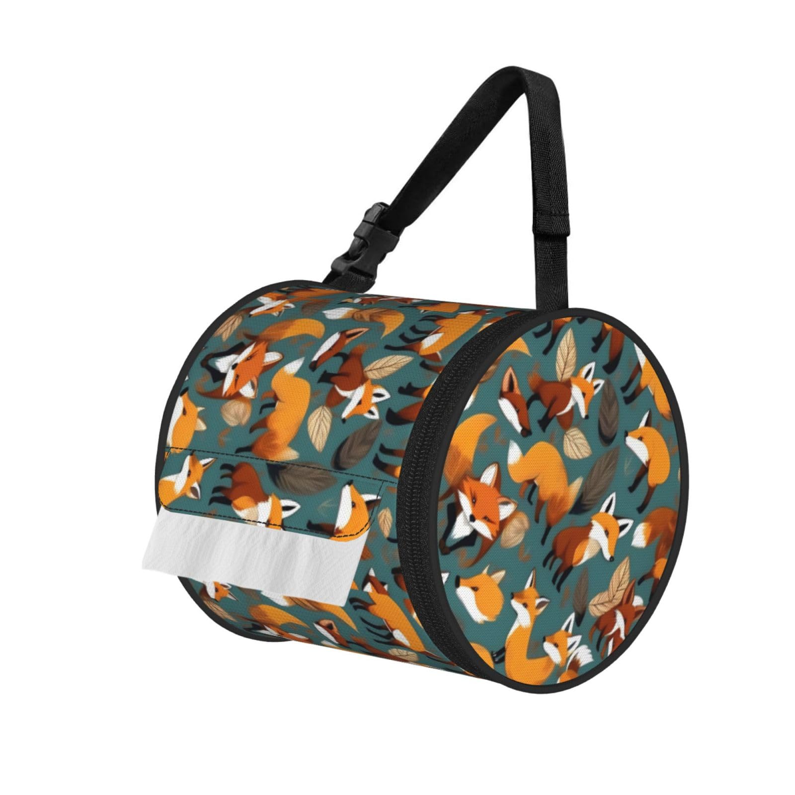 Jiuty Black Many Foxes Print Print Cylinder Tissue Organizer Bag With Strap, Portable Toilet Roll Holder For Camping Car