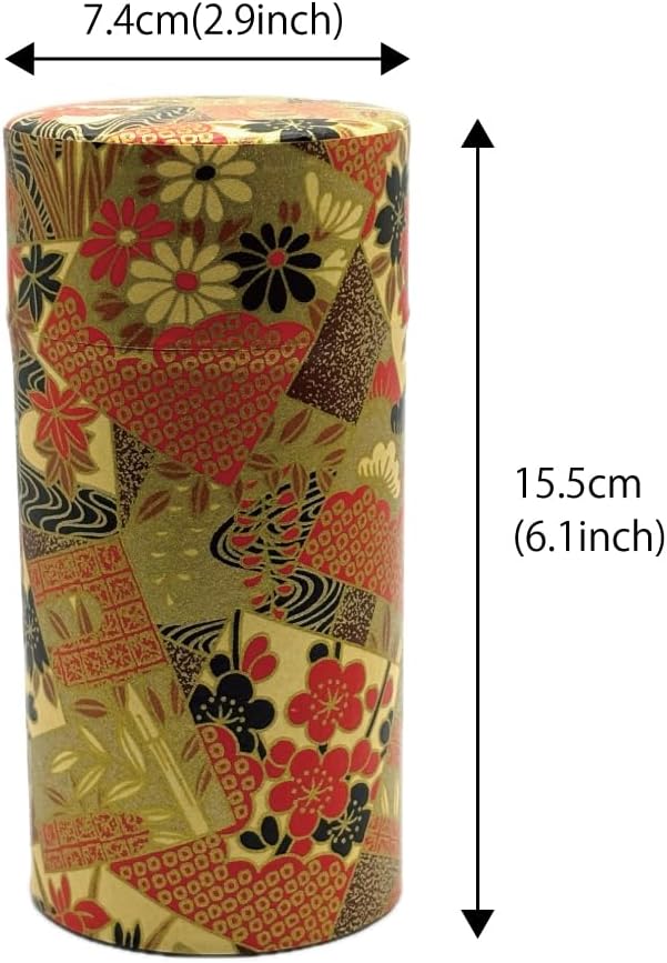 野口熊太郎茶園 KONJIKI YUGURE Japanese Tea Canister Tin (Golden Twilight) with Double Lid, Japanese Washi Paper Pasted, 200g Tea Capacity, Loose Leaf Tea Storage Container with Lid