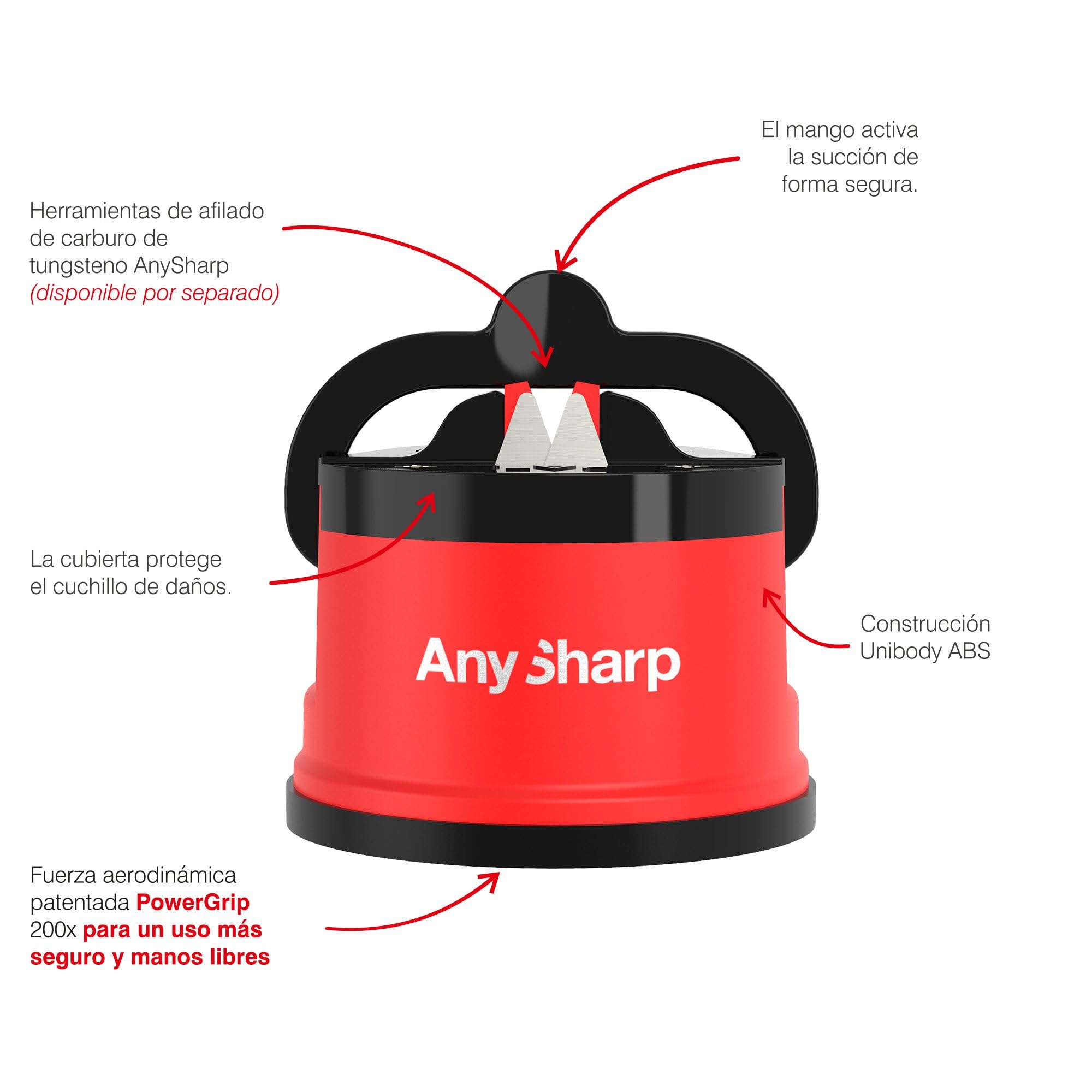 AnySharp Afilador de Cuchillos, Seguridad sin Manos, Ventosa, Afila con Seguridad Todos los Cuchillos de Cocina, Ideal para Acero Endurecido y Dentados, El Mejor del Mundo, Compacto, Rojo