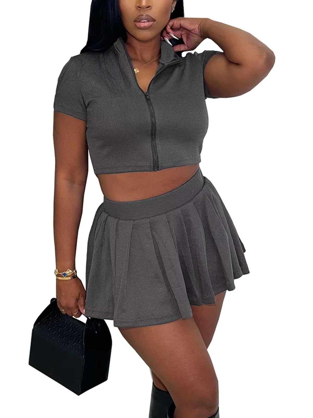 Tennis Outfit Skirt Sets Women 2 Piece Outfits Zipper V Neck Crop Tops and Pleated Skirt Set Summer