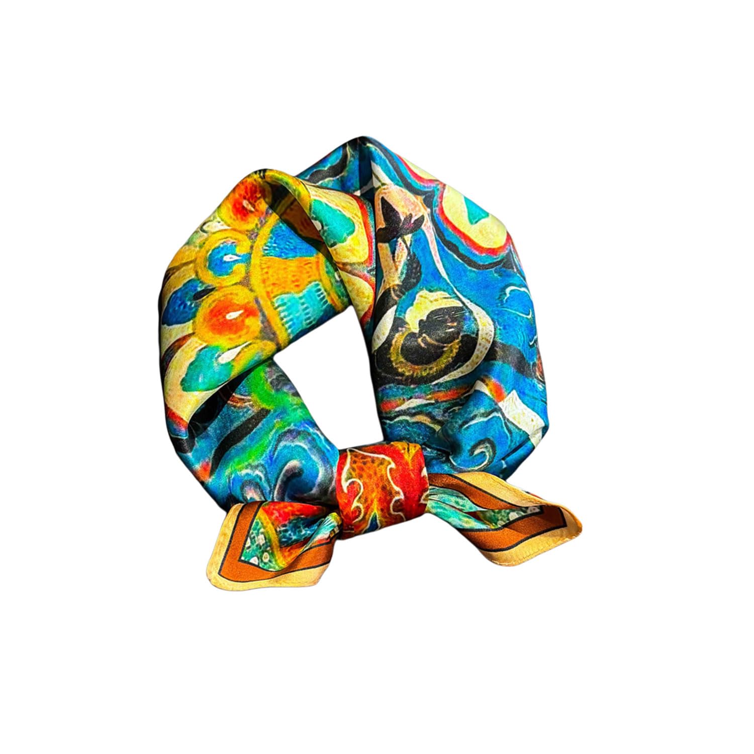 Meisee Women's Blue And Orange Ethnic Style 100% Pure Mulberry Silk Scarf 21" Square Scarf Neckerchief Headscarf Breathable Lightweight For Gift Packed, 21In