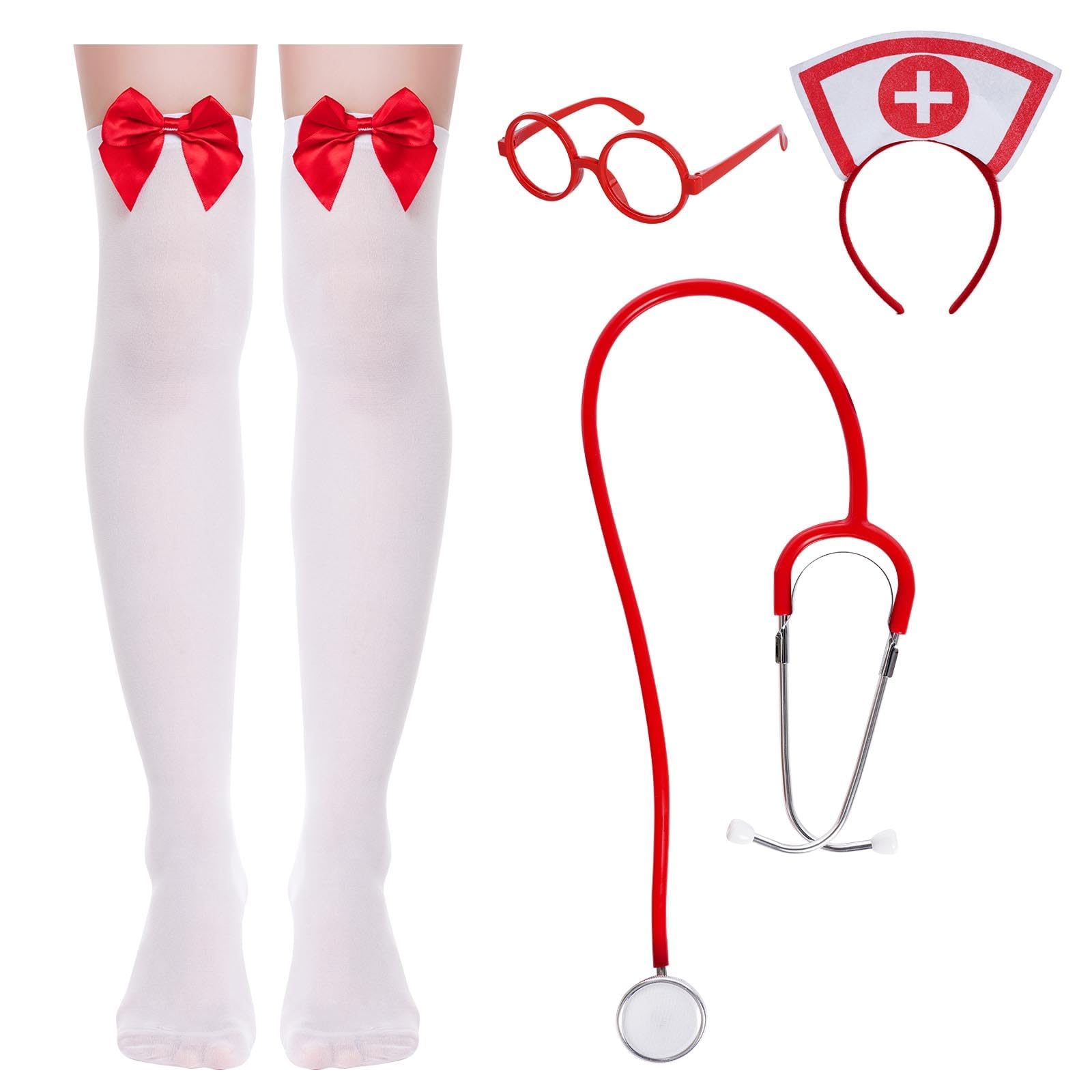 mifengdaer Nurse Costume Halloween Women Costume Accessories Red Nurse Hat Headband Cosplay Outfit Set Includes Headband Glasses Stethoscope High Sock for Halloween Cosplay Party