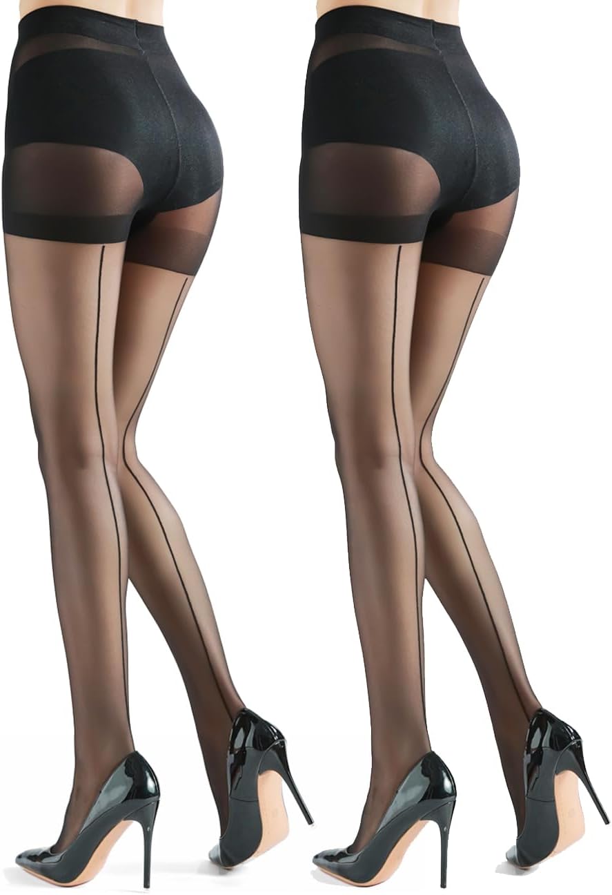 ZIHUA 2 Pairs Black Patterned Tights for Women, Sheer Nylon Stockings with Back Seam, Polka Dots, Hearts, S-XL